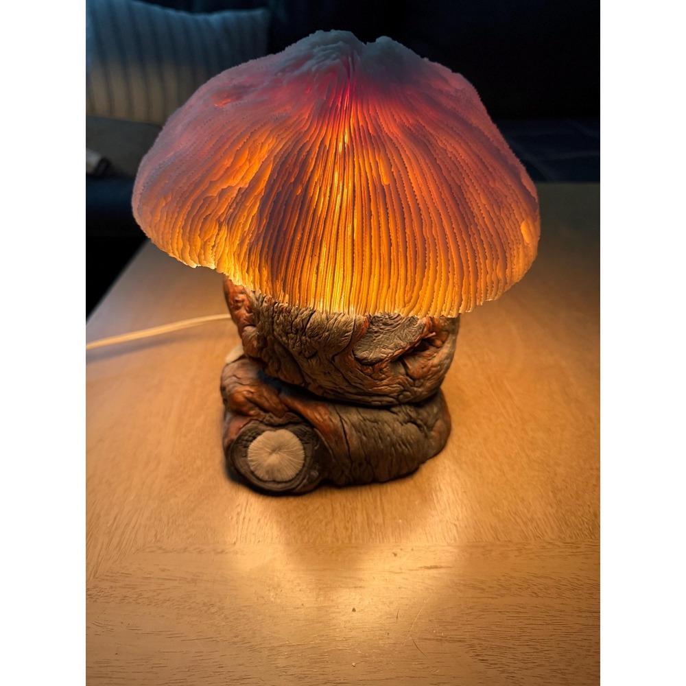 Vintage 1970s Magic Mushroom Lamp w/Natural Burl Wood & Coral Cap Shade